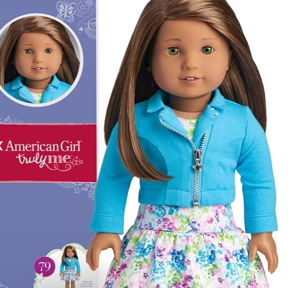 American Girl Doll Blue Jacket Floral Dress Earrings Truly in Box - Picture 9 of 12